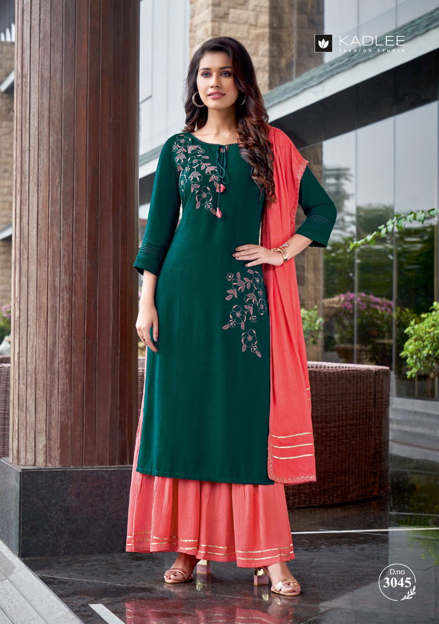 Kadlee Belliza Fancy Festive Wear Rayon Kurti With Sharara And Dupatta Collection